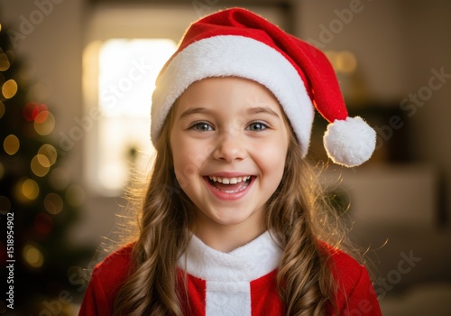 A happy little girl in a Santa hat and suit, celebrating the Christmas season with joy.