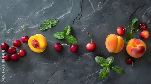 Exquisite Stone Fruits Peaches, Nectarines, Cherries with Mint on Slate Background