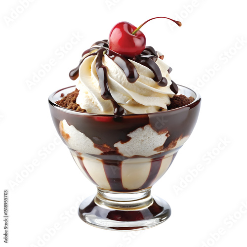 Ice Cream Sundae Cup: Ice cream sundae in a clear cup with chocolate sauce, whipped cream, and cherry on top, PNG file for mock-up