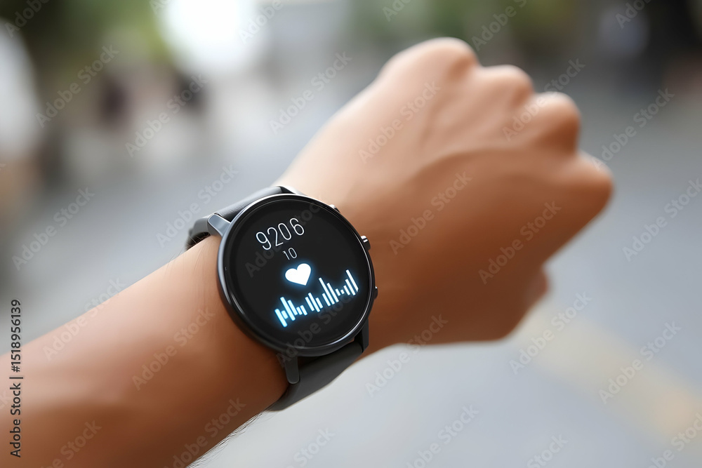 Fototapeta premium A smartwatch on a wrist displays heart rate, step count, and activity tracking in an outdoor setting.