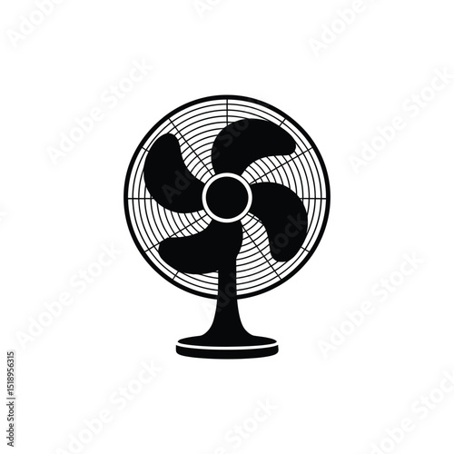 Black and White Illustration of a Desk Fan with Guard and Three Blades