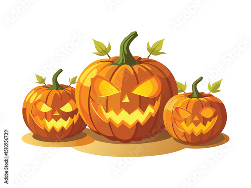 Three jack olantern pumpkins isolated on white background

