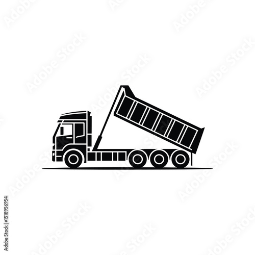Black and White Illustration of a Dump Truck Tilting its Load Bed for Dumping
