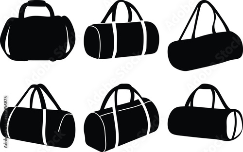 Collection of diverse duffel bags in black silhouette on white background