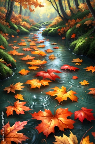 Autumn in the forest. A stream of water with leaves floating on top. The leaves are orange and the water is green. 