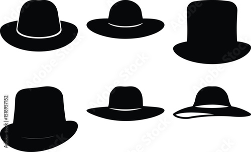 Collection of various black hat silhouette styles isolated on white background