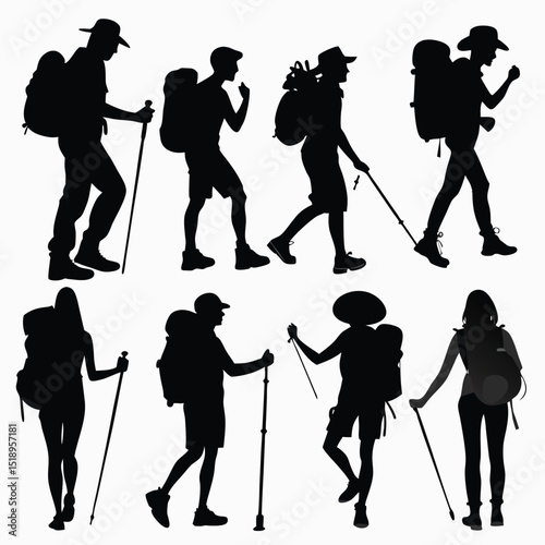 Hiking Silhouettes Diverse Group of People Trekking with Backpacks and Poles