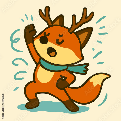 A fox wearing antlers pretending to be a reindeer.