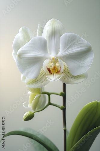 A white orchid flower with a yellow center. The flower is in the foreground and the stem is in the background. 