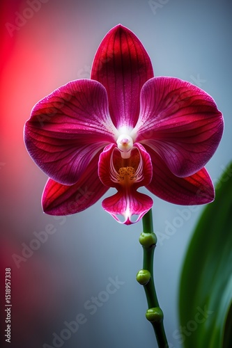 A red and white orchid with a pink flower. The flower is open and the stem is green. 