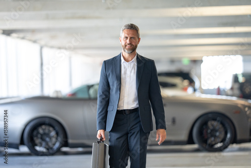 Rich business man outdoors. Rich businessman enjoying his success. Luxury businessman in elegant suit. Rich man front of expensive car. Luxury business travel. Confident rich businessman in a classic