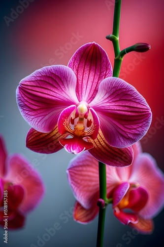 A close up of a pink and orange orchid flower. The flower is the main focus of the image, and it is surrounded by a green stem. The flower is in full bloom, and it is the most vibrant. 