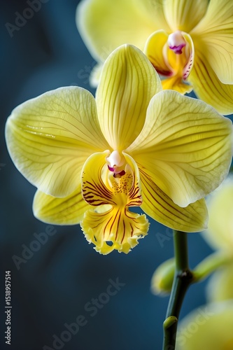 A yellow orchid flower in the foreground. 