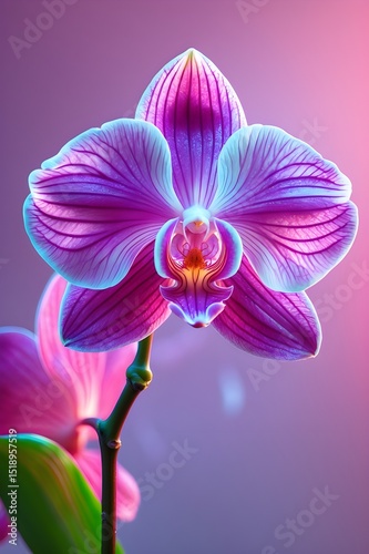 A pink orchid with a green stem. The flower is the main focus of the image. 