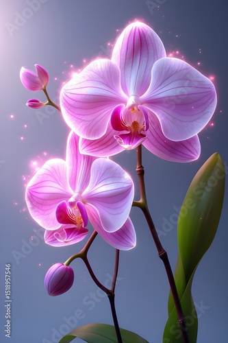 A close up of a pink orchid with a glowing effect. Concept of beauty and tranquility, as the flower's vibrant colors and the glowing effect create a serene atmosphere.                     