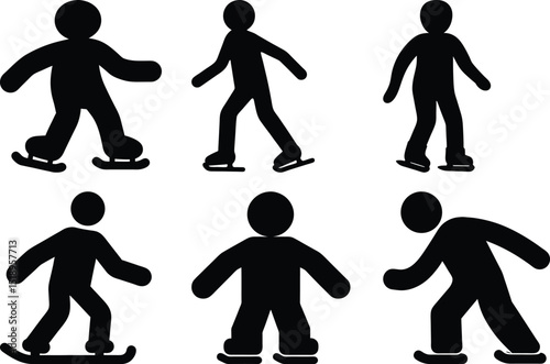 Silhouette stick figures demonstrating ice skating and snowboarding positions and stances