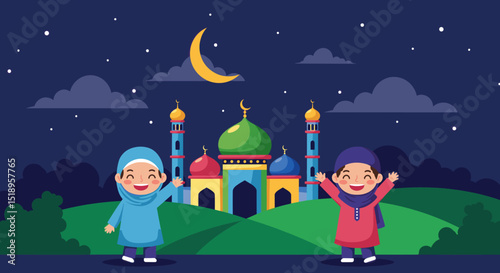 The image shows a smiling young boy and girl in front of a mosque with a crescent moon in the background, celebrating a religious festival. They are raising their arms in joy, possibly in celebration 