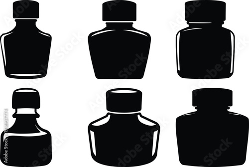 Collection of six different bottle silhouettes in black and white graphic design