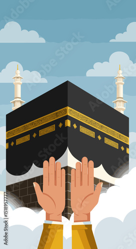 Pilgrims in white robes stand together in front of the Kaaba during the Hajj pilgrimage, with a reverent and holy atmosphere surrounding the sacred site.