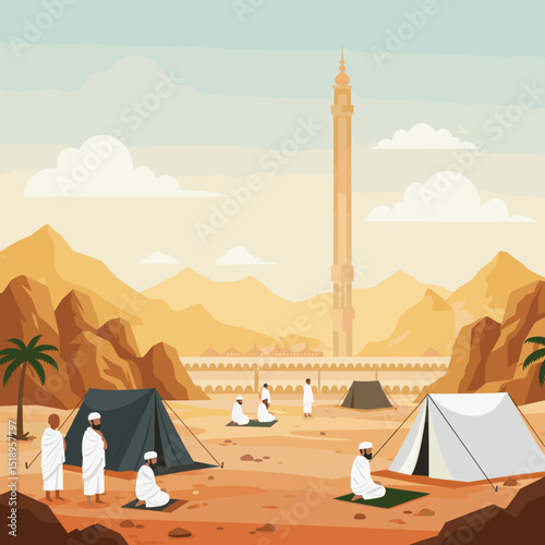 This image depicts a serene desert landscape with a group of white tents scattered across the terrain. A few sheep can be seen grazing, and the backdrop features mountains, reflecting the simplicity o