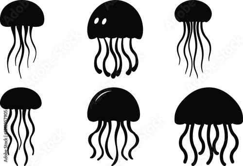Silhouette jellyfish pattern graphic art with interesting tentacle variations on white