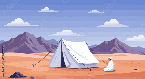 This image depicts a serene desert landscape with a group of white tents scattered across the terrain. A few sheep can be seen grazing, and the backdrop features mountains, reflecting the simplicity o