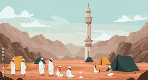 A couple in traditional Islamic clothing standing under a palm tree in the desert. The sunset creates a serene atmosphere, highlighting the simplicity and beauty of the desert.