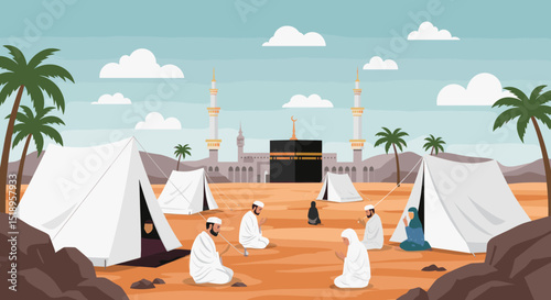 This image depicts a serene desert landscape with a group of white tents scattered across the terrain. A few sheep can be seen grazing, and the backdrop features mountains, reflecting the simplicity o