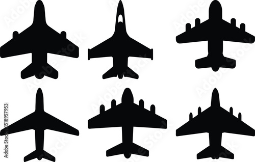 Diverse aircraft silhouettes showcase a variety of airplane designs and models