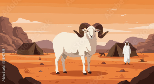 A sheep standing in the desert with a distant mountain range and tents scattered across the landscape, reflecting a rural, serene atmosphere.