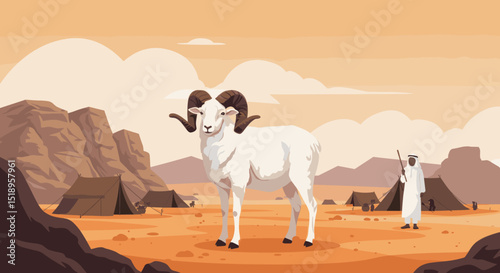 A sheep standing in the desert with a distant mountain range and tents scattered across the landscape, reflecting a rural, serene atmosphere.