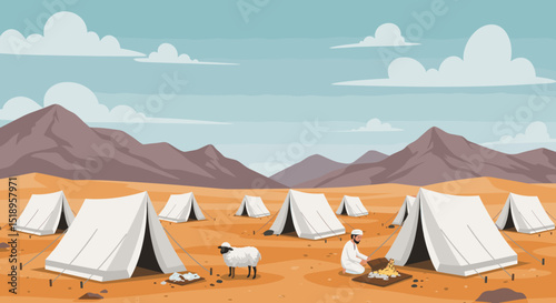 This image depicts a serene desert landscape with a group of white tents scattered across the terrain. A few sheep can be seen grazing, and the backdrop features mountains, reflecting the simplicity o