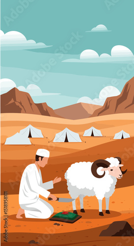 This image depicts a serene desert landscape with a group of white tents scattered across the terrain. A few sheep can be seen grazing, and the backdrop features mountains, reflecting the simplicity o