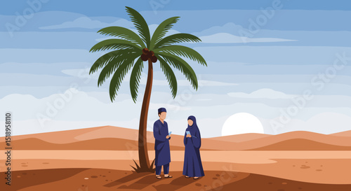 A couple in traditional Islamic clothing standing under a palm tree in the desert. The sunset creates a serene atmosphere, highlighting the simplicity and beauty of the desert.