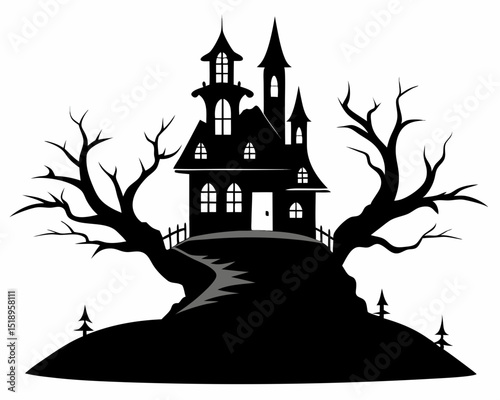 A spooky halloween night scene featuring a haunted house pumpkins bats and a large full moon in the sky silhouette vector illustration