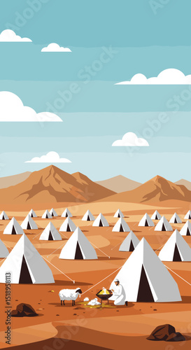 This image depicts a serene desert landscape with a group of white tents scattered across the terrain. A few sheep can be seen grazing, and the backdrop features mountains, reflecting the simplicity o