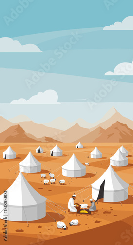 This image depicts a serene desert landscape with a group of white tents scattered across the terrain. A few sheep can be seen grazing, and the backdrop features mountains, reflecting the simplicity o