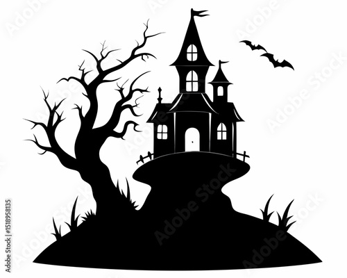 A spooky halloween night scene featuring a haunted house pumpkins bats and a large full moon in the sky silhouette vector illustration