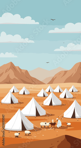 This image depicts a serene desert landscape with a group of white tents scattered across the terrain. A few sheep can be seen grazing, and the backdrop features mountains, reflecting the simplicity o