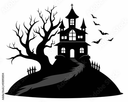 A spooky halloween night scene featuring a haunted house pumpkins bats and a large full moon in the sky silhouette vector illustration