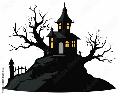 A spooky halloween night scene featuring a haunted house pumpkins bats and a large full moon in the sky silhouette vector illustration