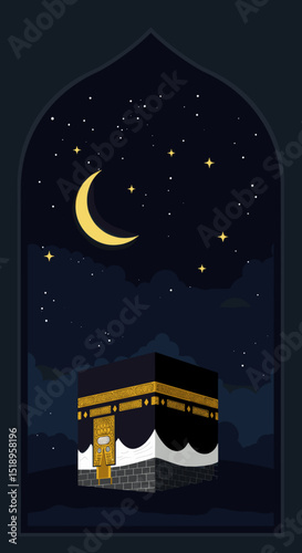 The image depicts a crescent moon surrounded by a starry sky above the Kaaba. The serene night sky creates a calming and spiritual atmosphere, symbolizing the sacredness of the pilgrimage during Hajj.