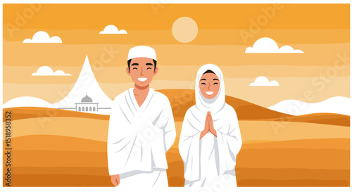 A couple in traditional Islamic clothing standing under a palm tree in the desert. The sunset creates a serene atmosphere, highlighting the simplicity and beauty of the desert.