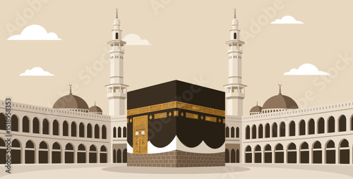 Pilgrims in white robes stand together in front of the Kaaba during the Hajj pilgrimage, with a reverent and holy atmosphere surrounding the sacred site.
