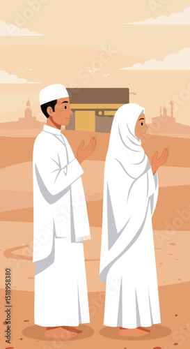 A couple in traditional Islamic clothing standing under a palm tree in the desert. The sunset creates a serene atmosphere, highlighting the simplicity and beauty of the desert.