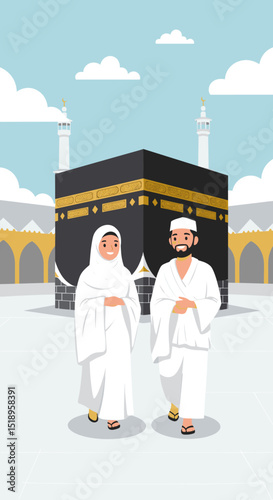 Pilgrims in white robes stand together in front of the Kaaba during the Hajj pilgrimage, with a reverent and holy atmosphere surrounding the sacred site.