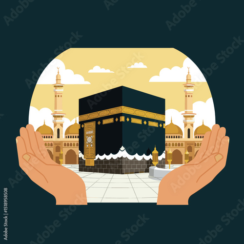 Pilgrims in white robes stand together in front of the Kaaba during the Hajj pilgrimage, with a reverent and holy atmosphere surrounding the sacred site.