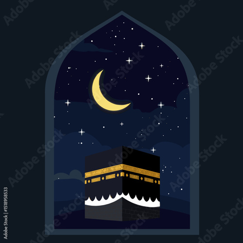 The image depicts a crescent moon surrounded by a starry sky above the Kaaba. The serene night sky creates a calming and spiritual atmosphere, symbolizing the sacredness of the pilgrimage during Hajj.