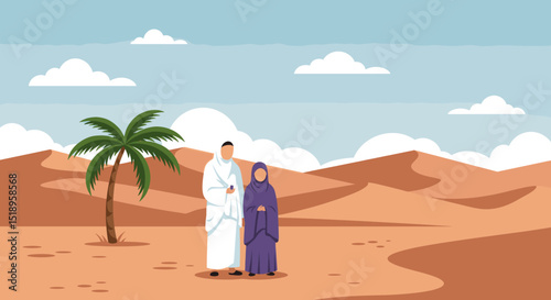A couple in traditional Islamic clothing standing under a palm tree in the desert. The sunset creates a serene atmosphere, highlighting the simplicity and beauty of the desert.