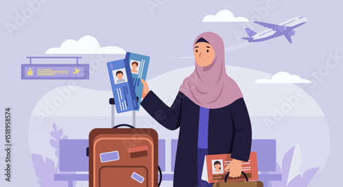 This image shows a couple dressed in green traditional Islamic attire at an airport. The woman is holding a suitcase, while the man is carrying a camera. In the background, there is an airplane flying